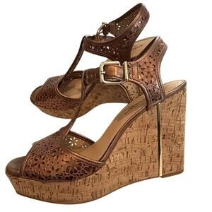 Antonio Melani 9 Selena metallic perforated t strap cork platform wedge 3088